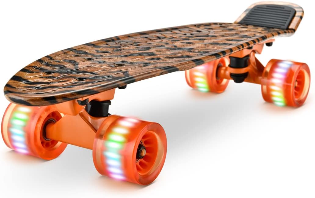 Standard Skateboard Mini 6'' Deck Complete Double Kick Skate Board w/ 3 25" Aluminum Alloy Truck, Wheels w/ Light for Kids, Teens, Adults (Tiger)