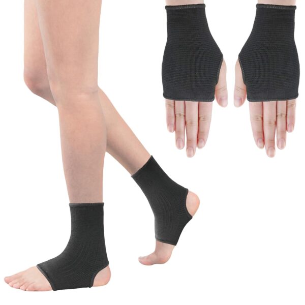 Kids Ankle Brace & Wrist Support Knitted Ankle Sleeves and Hand Wrap Sports Daily Activities Protection for Boys Girls 8+ Years (Black)