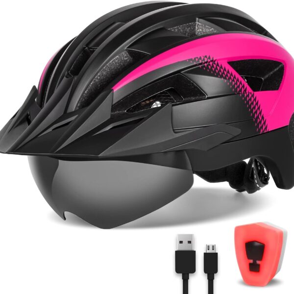 Adult Bike Helmet with Visor and Goggles for Men Women Mountain Road Bicycle Helmet Rechargeable Rear Light Cycling Helmet