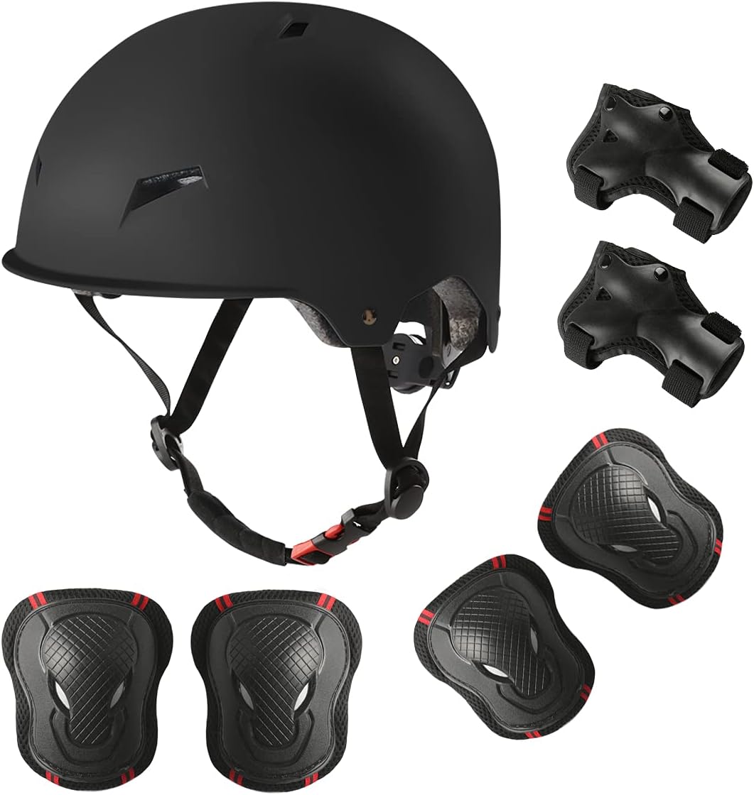 Skateboard Bike Helmet for Adults Adjustable Knee Elbow Pads Wrist Guards Protective Gear Helmets Set Teens for Bicycle Cycling Skate Scooter Bicycle Helmet