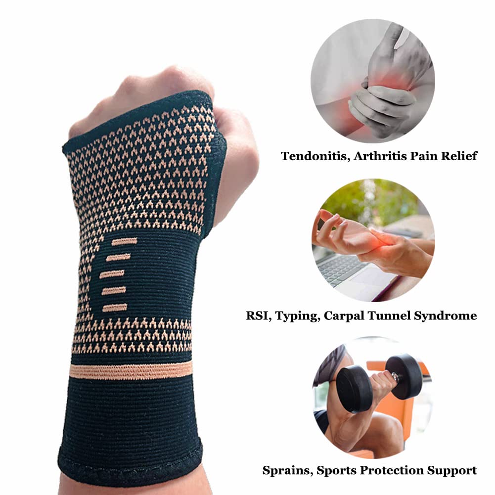 Copper Wrist Compression Sleeve, Elastic Wrist Support Sleeve Wrist Brace for Tendonitis, Arthritis, Sprains Pain Relief, Breathable Carpal Tunnel Hand Brace for Sport, Fitness, Workout, Typing Image 2