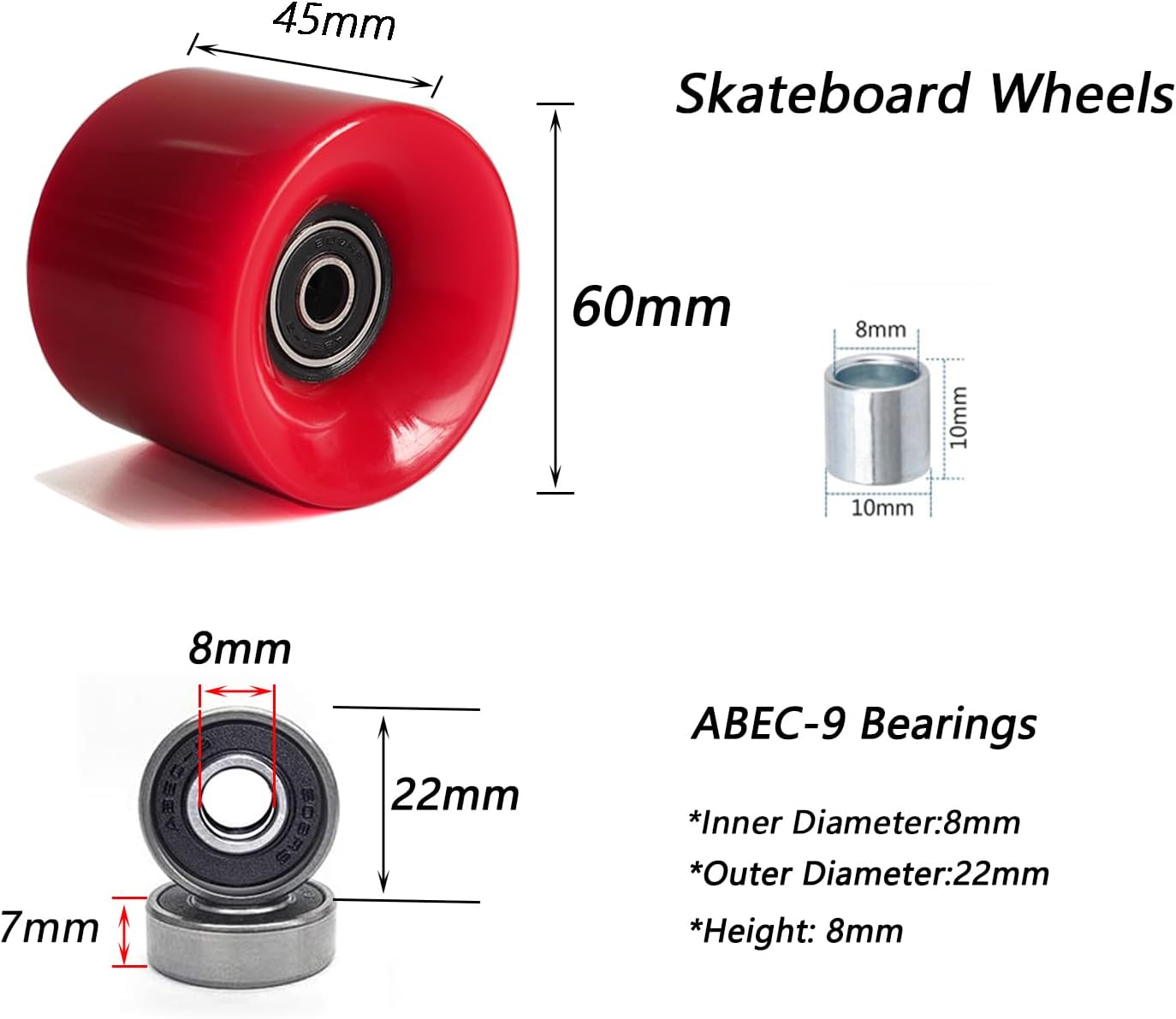 60mm Cruiser Wheels 80A Contains Bearings and Spacers,Skateboard Riser Pads,Skateboard Hardware Screws Bolts,fit for Your Cruiser Skateboards,Penny Board Image 2