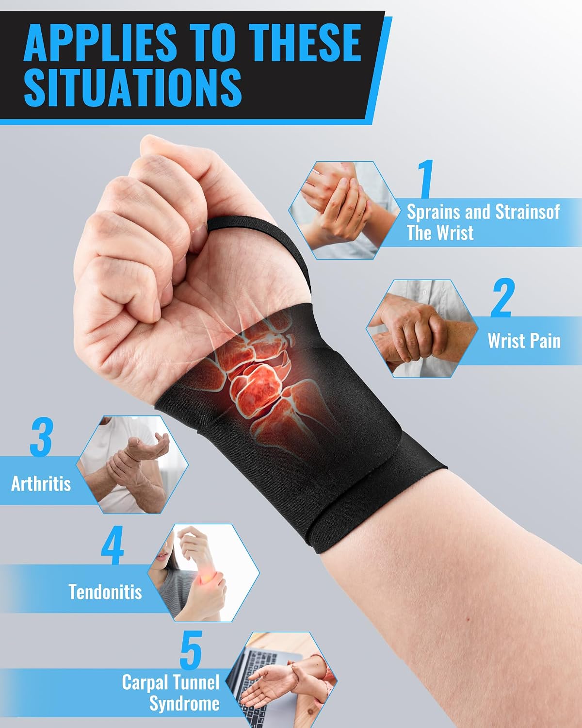 Wrist Brace, Carpal Tunnel Wrist Brace, Wrist Wraps for Arthritis, Tendonitis, Wrist Joint Pain, Ultra Thin Elastic, Ultra Breathable, Ultra Comfortable Material, Suitable for Women & Men, Suitable for Both Right & Left Hands Image 2