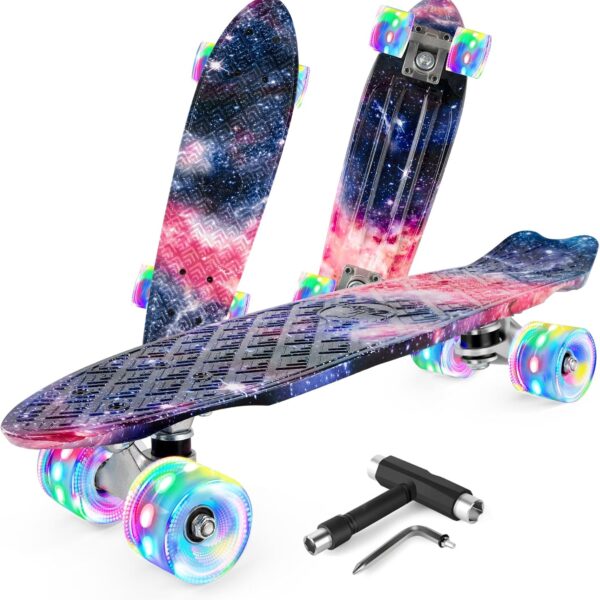 22 inch Skateboards for Kids, Cruiser Skateboard for Beginners Girls Boys Teens Adults, Mini Skateboards Classic Complete Skate Board with Skate T Tool, Max Load 220 LBS