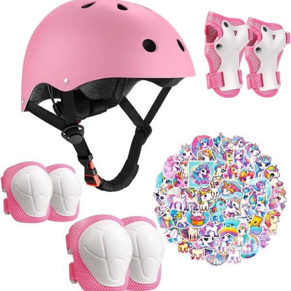 Kids Bike Helmet with Knee Elbow Wrist Pads Guards,Pink,for Ages 2 3 5 8 14,Sports Bicycle,Skate Scooter,Rollerblading with Unicorn Sticker