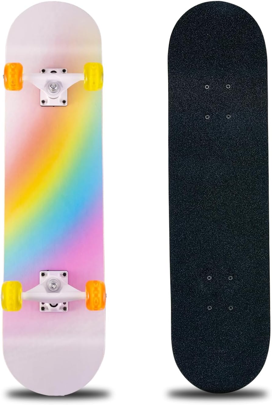 Skateboard,31 x 8 Inch Complete Skateboard, 8 Layer Maple Wood Deck Double Kick Standard Skateboards for Kids, Teens, Adult, Beginner