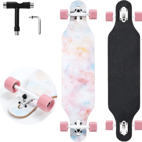 Longboard Skateboard, 41 Inch Drop Through Longboard Complete 9 Ply Nature Maple Premium Long Board for Adults, Teens and Kids High Speed Bearings & T Tool