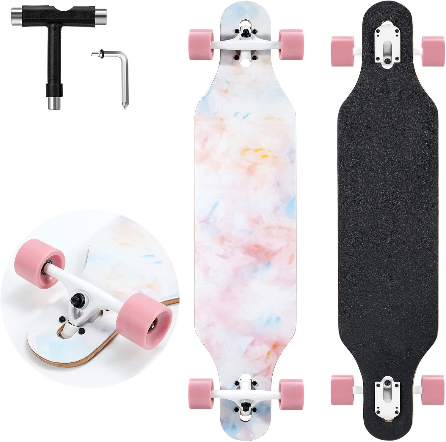 Longboard Skateboard, 41 Inch Drop Through Longboard Complete 9 Ply Nature Maple Premium Long Board for Adults, Teens and Kids High Speed Bearings & T Tool
