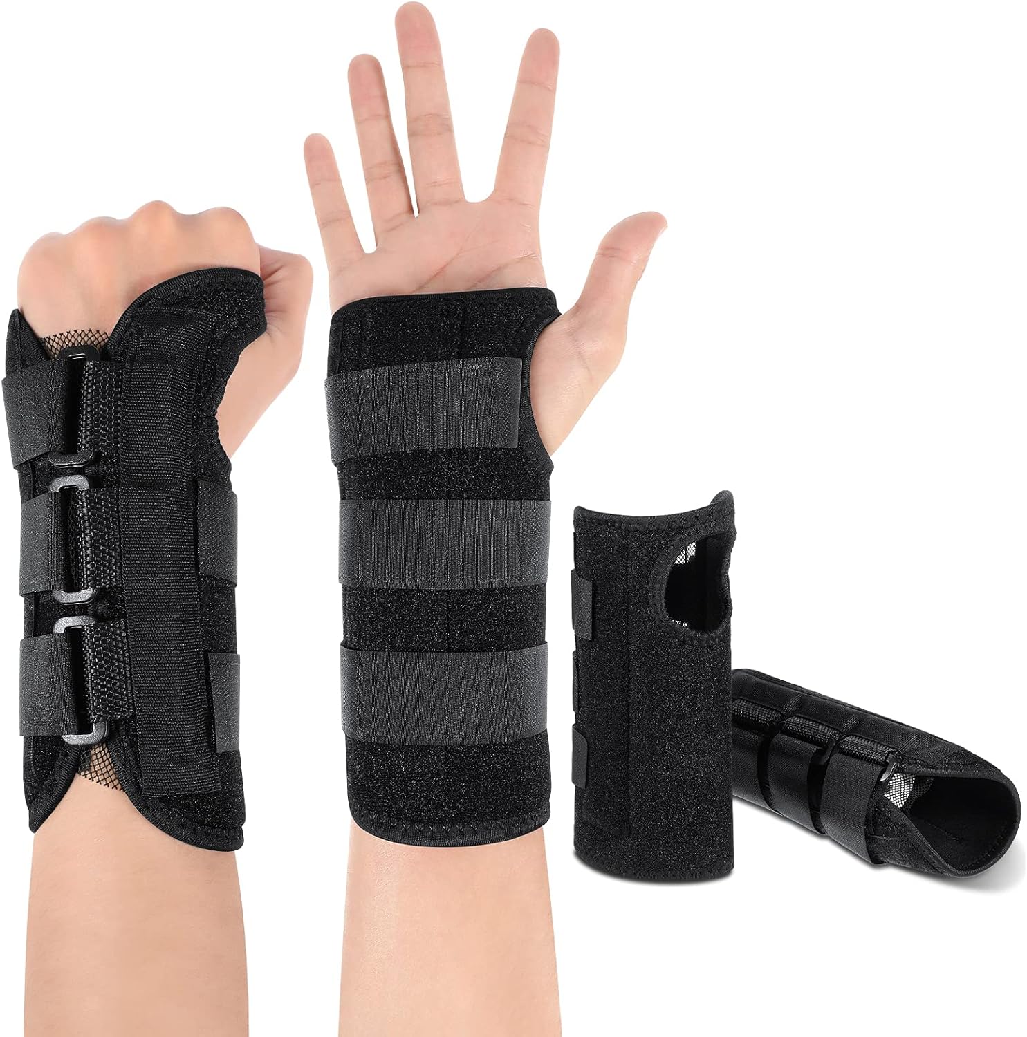 2 Pack Carpal Tunnel Wrist Brace Night Wrist Sleep Support with Metal Splint Adjustable Compression Strap for Women Men Tendinitis Sports Sprained Pain Relief(Right and Left Hand,Black)