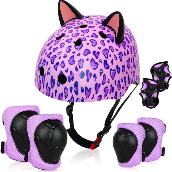 Kids Helmet, Bike Helmets for Kids 8 14 with Knee Pads and Elbow Pads Wrist Guards, Adjustable Youth Girls Bike Helmet with DIY Cat Ears Skateboard Helmet for Scooter Skating Cycling